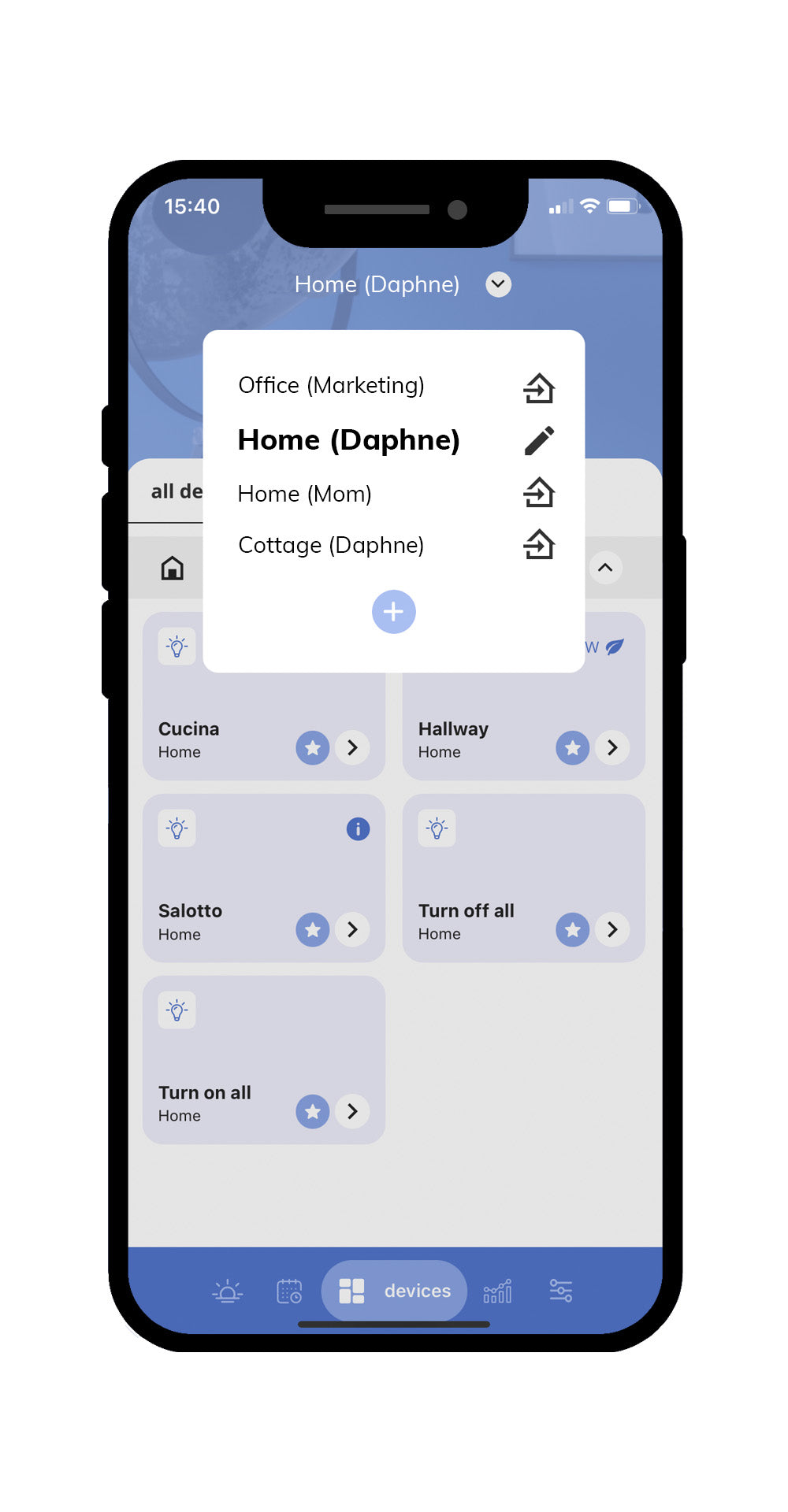Aplicação oficial iotty disponível em iOS e Android, fácil de utilizar para gerir os seus aparelhos de domótica em diferentes casas e escritórios