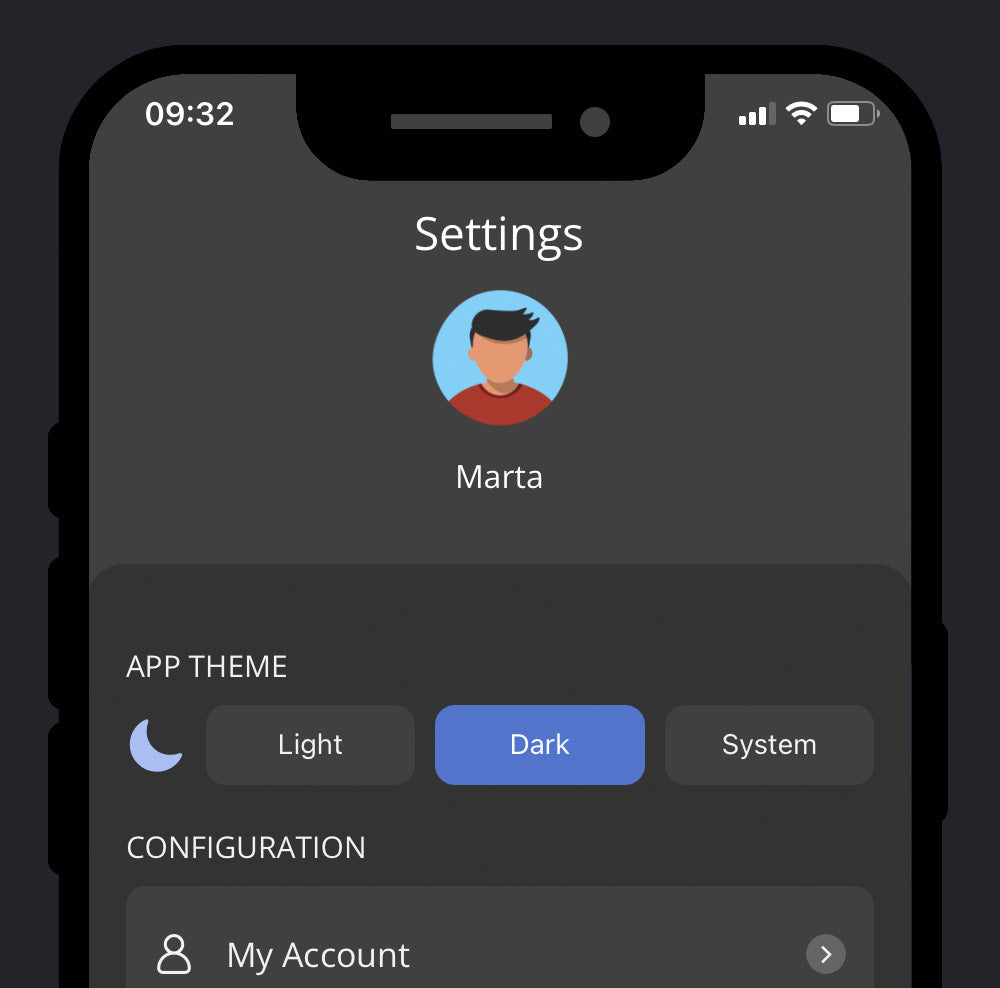 A aplicação iotty está disponível nos temas claro e escuro para facilitar a leitura e poupar bateria