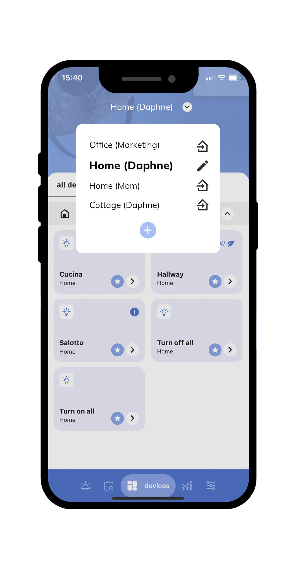 Aplicação oficial iotty disponível em iOS e Android, fácil de utilizar para gerir os seus aparelhos de domótica em diferentes casas e escritórios